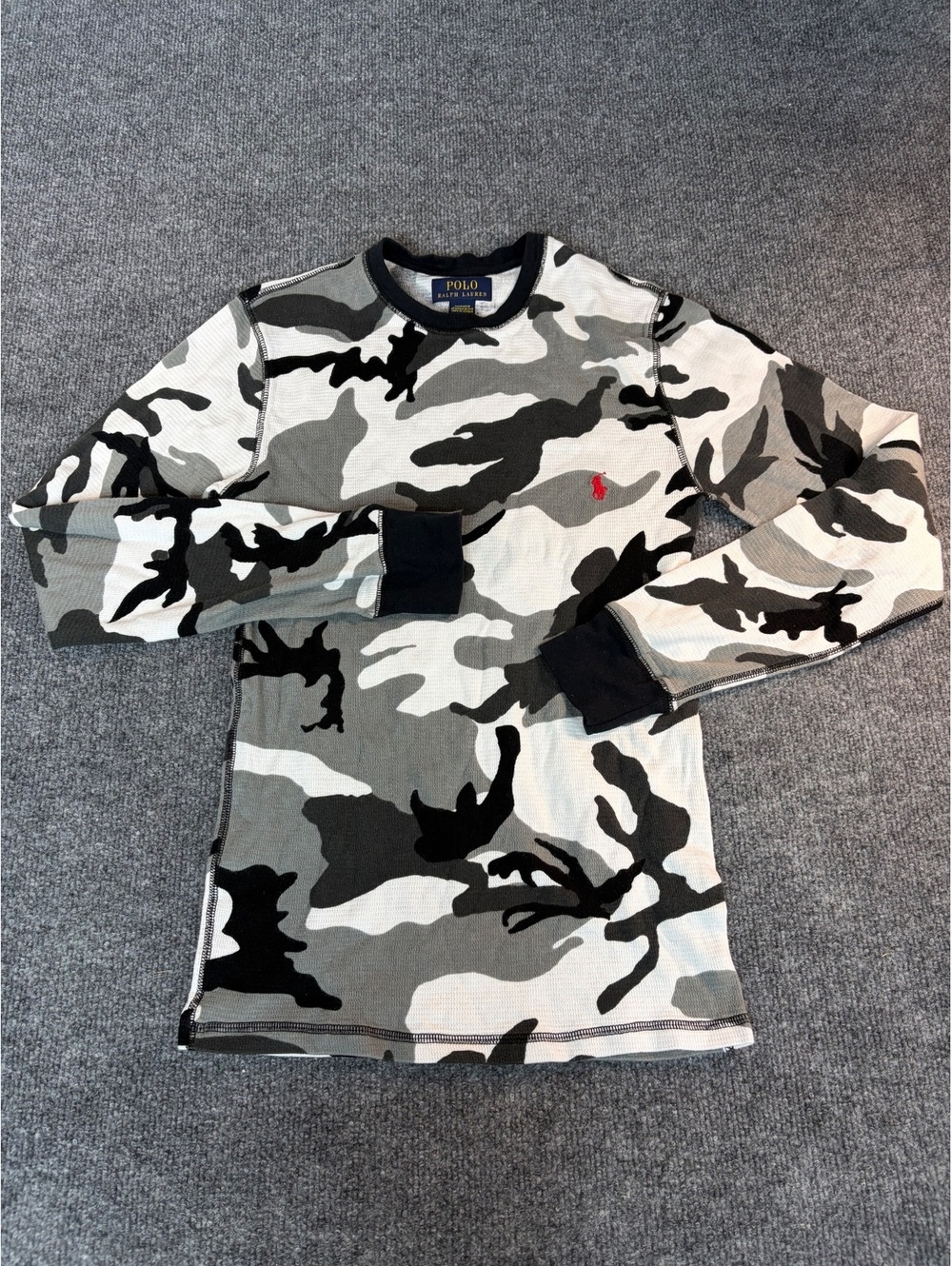 Y2K Polo Ralph Lauren Thermal Shirt Waffle Mens Small Gray Camo Long Sleeve Tee